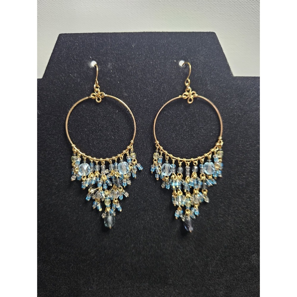 Gold-Tone Wire‎ Wrapped Hoop Chandelier Earrings with Blue Crystal Beaded Fringe